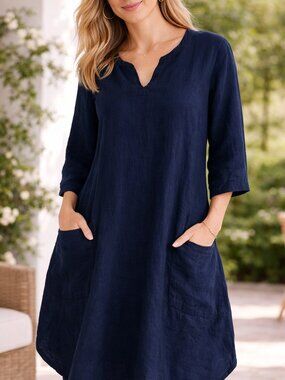 Marisima Linen Dress Midi OS Italy Navy Lagenook Oversized Minimalist Artisan